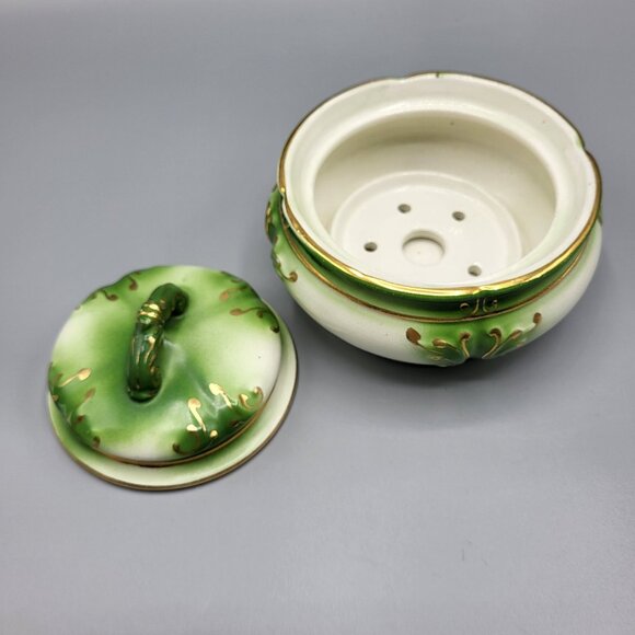 Vintage Ceramic Lidded Pot Jar Flower Frog Emerald Green Gold Accents Home Decor - Picture 4 of 11